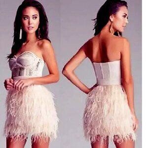 💥KILLER DESIGN💥Bandage Strapless Studded Ostrich Feather Skirt Dress in Nude